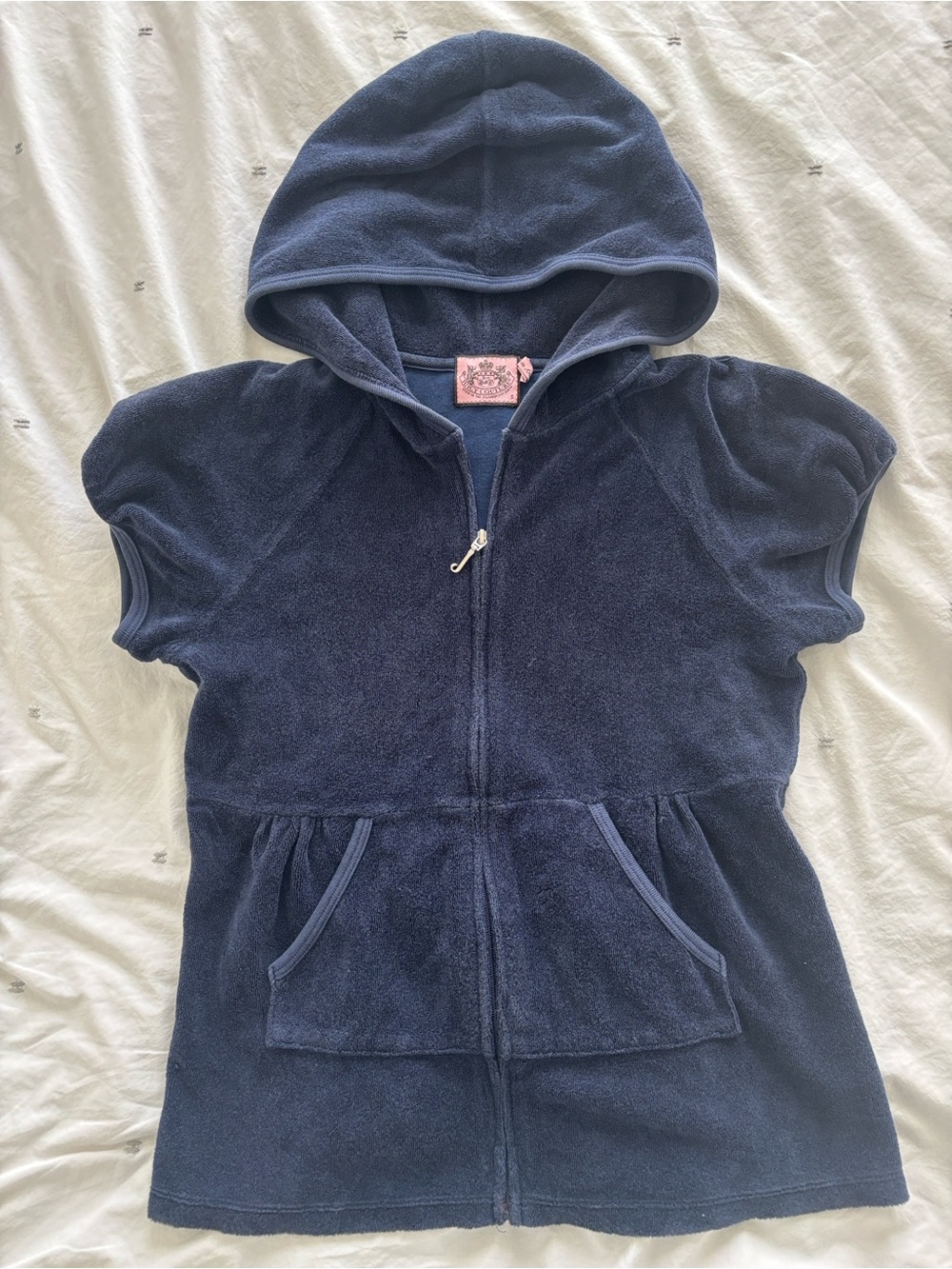 Juicy Couture Navy Hood Zip Terry Top Sweatshirt Gym Travel Athleisure Workout